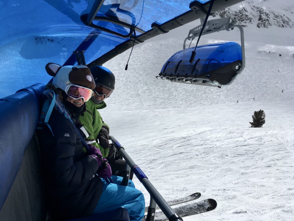Riding the lift to the top of The Bowl and Upper Morning Star runs at Big Sky, Montana.