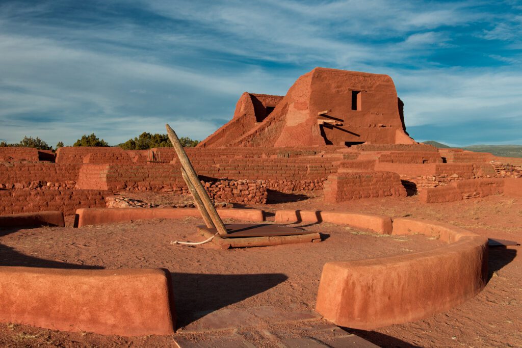 Ruins of the Pecos Pueblo Mission Church and kiva at Pecos National Historic Park near Pecos, New Mexico.