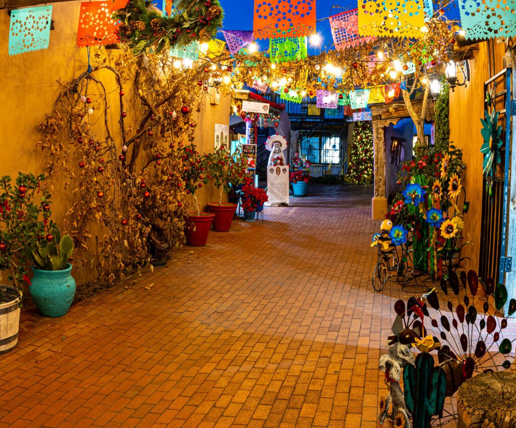 Colorful decorations in a Spanish style plaza in Old Town Albuquerque, New Mexico.